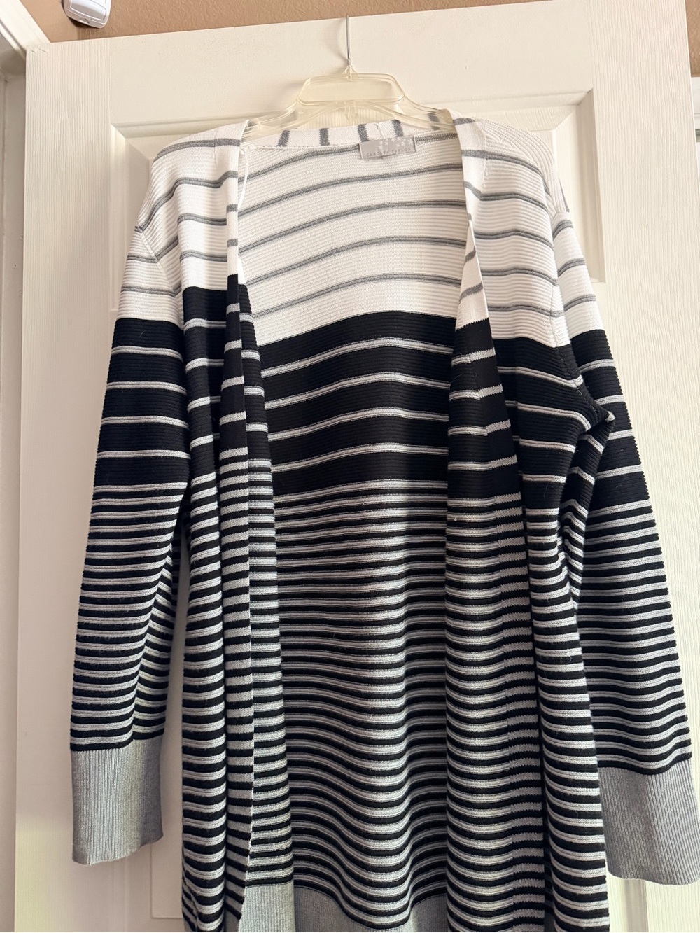 Striped Open-Front Long Cardigan Sweater - Black, White, Gray
